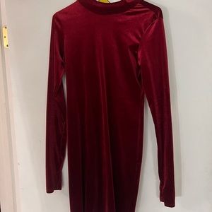 High neck, maroon colored velour mini dress